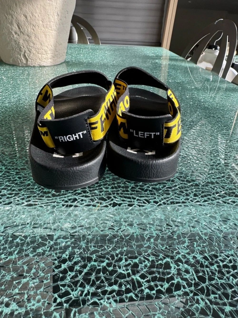 Off-White Black Slides‎ with Yellow Branded Sling 44